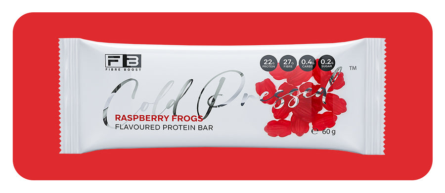Protein bar packaging with red raspberry frog design on a red background