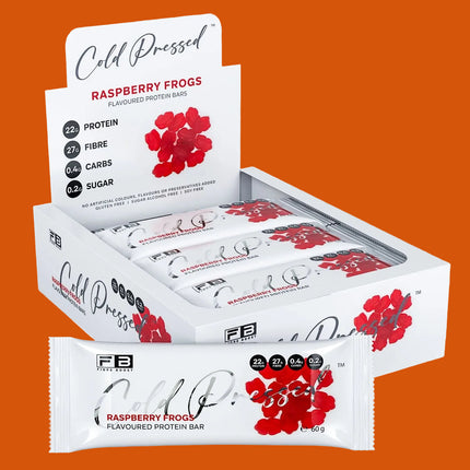 Box of Fibre Boost Raspberry Frogs protein bars on a white background