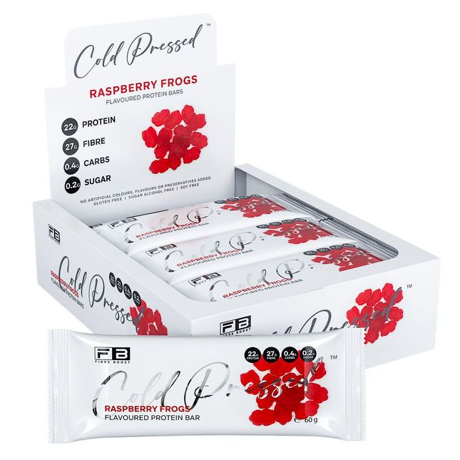 Box of Fibre Boost Raspberry Frogs protein bars on a white background