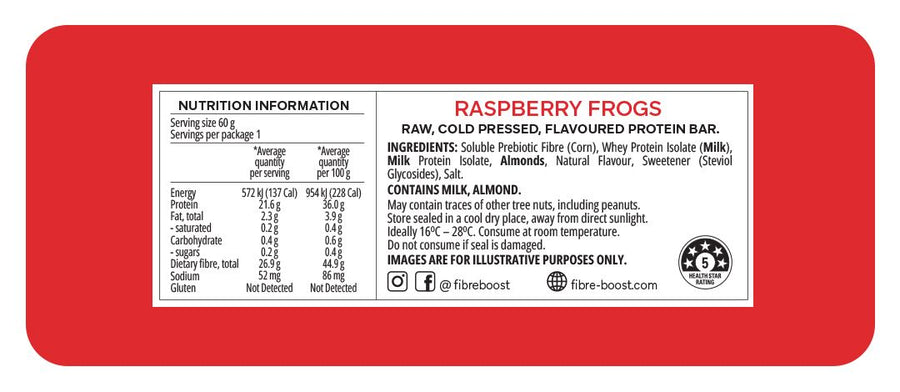 Nutrition label for Raspberry Frogs protein bar on a red background