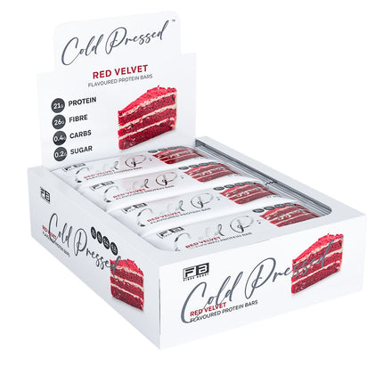 Box of Fibre Boost Red Velvet flavoured cold pressed protein bar, high fibre and 20g+ protein