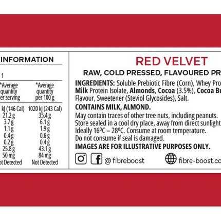 Nutrition information panel for Fibre Boost Red Velvet flavoured cold pressed protein bar showing protein and fibre content