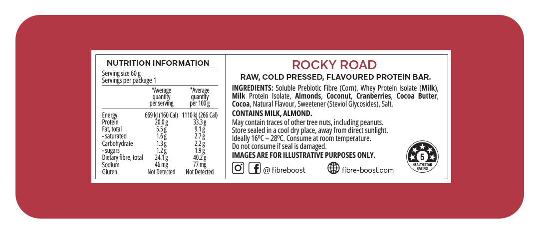 Fibre Boost Cold Pressed Rocky Road flavoured Protein Bar