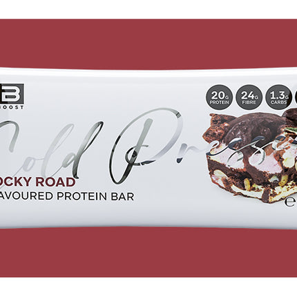 Protein bar packaging with Fibre Boost branding on a red background