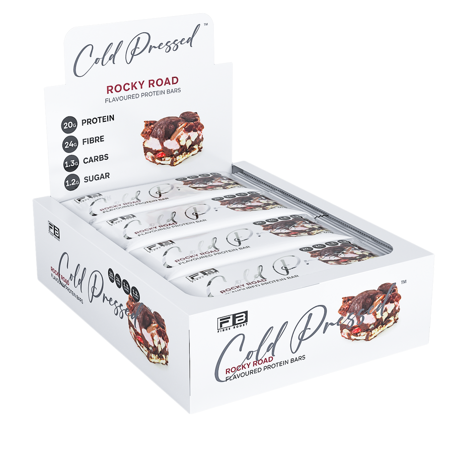 Box of Cold Pressed Rocky Road protein bars on a white background