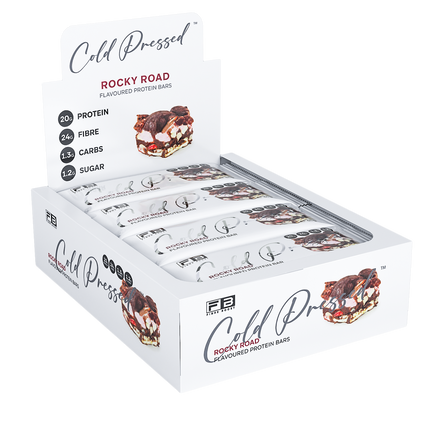 Fibre Boost Cold Pressed Rocky Road Protein Bar box, high fibre high protein snack