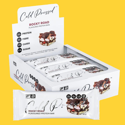 Fibre Boost Cold Pressed Rocky Road Protein Bar box front on a white background