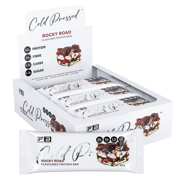Box of Cold Pressed Rocky Road protein bars on a white background