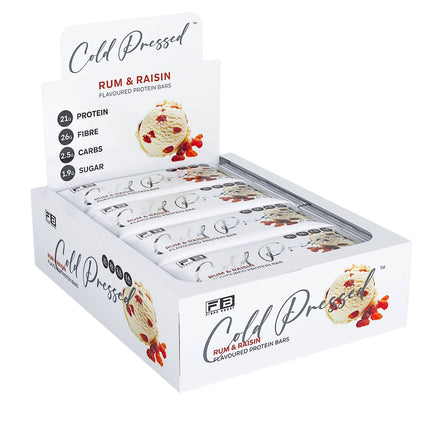 Box of Fibre Boost Rum and Raisin Protein Bar, high fibre and 20g+ protein