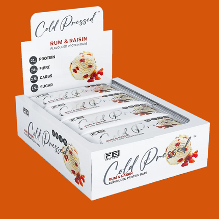Box of Fibre Boost Cold Pressed Rum and Raisin Protein Bar on a white background