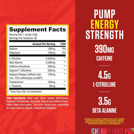 Supplement label with ingredients and nutritional information on a red background