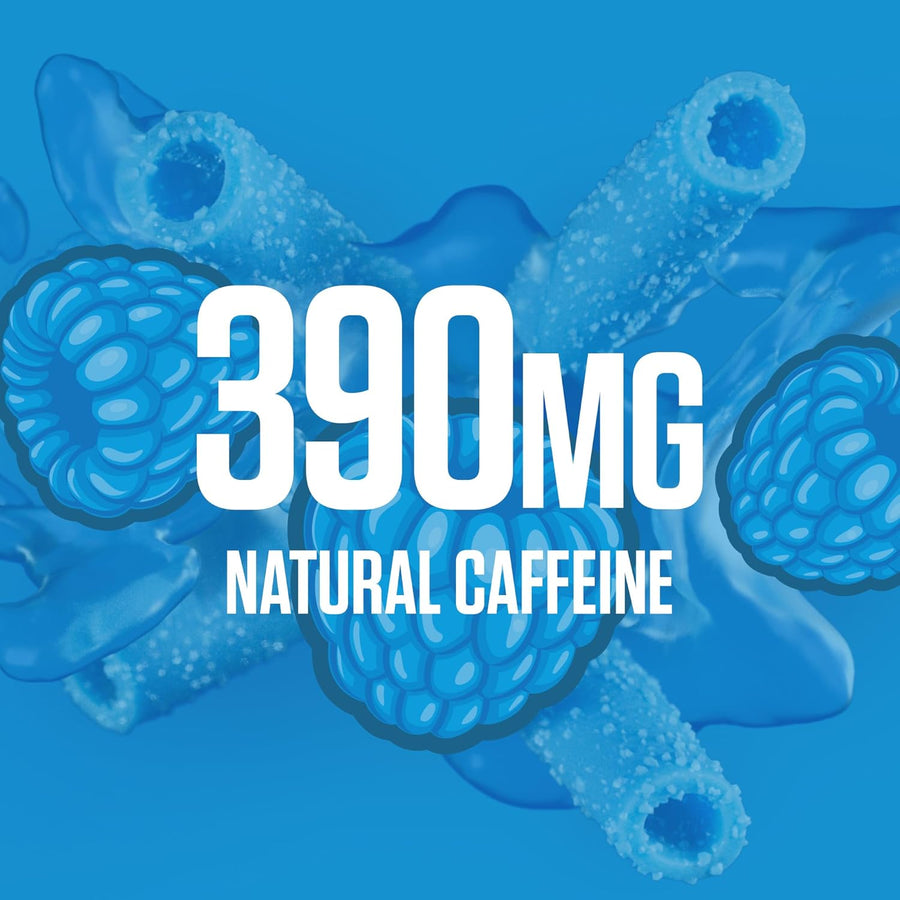 Caffeine molecule with '390mg Natural Caffeine' text on a blue background
