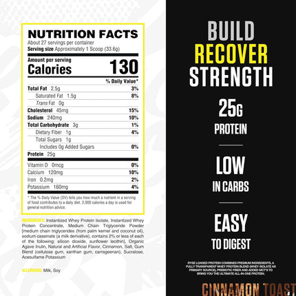 Nutrition facts label and promotional text for a protein product on a white and black background.