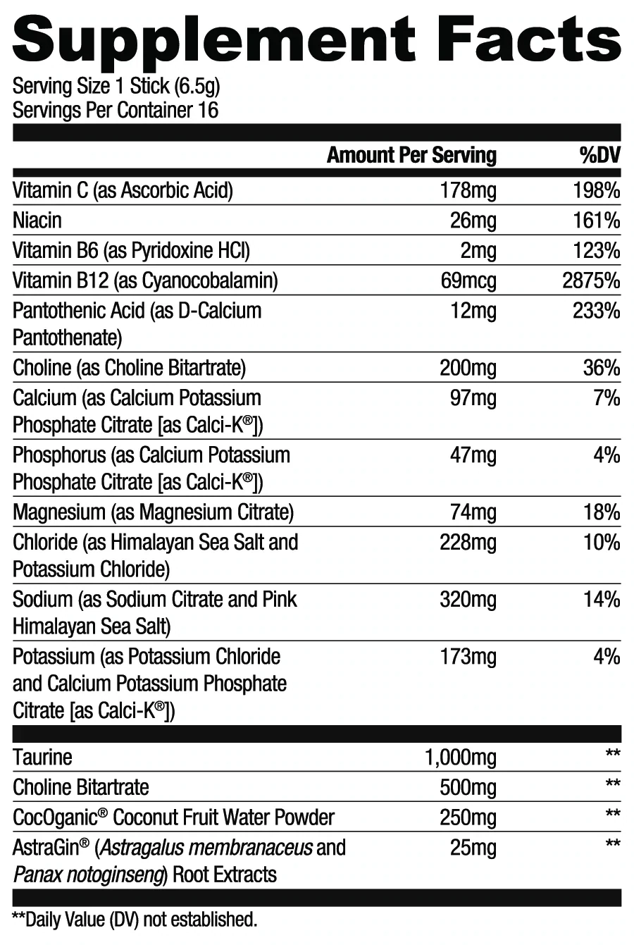 Supplement facts label with detailed nutritional information on a black background
