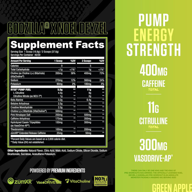 Supplement label for Godzilla X Noel Deyzel with supplement facts and energy strength details on a black and green background.