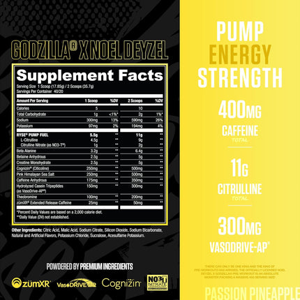 Supplement facts label and ingredients list for a product named 'Godzilla X Noel Deyzel' on a black and yellow background.