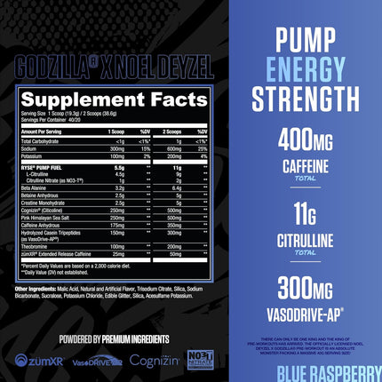 Supplement facts label and pump energy strength details for a product by Godzilla x Noel Deyzel.