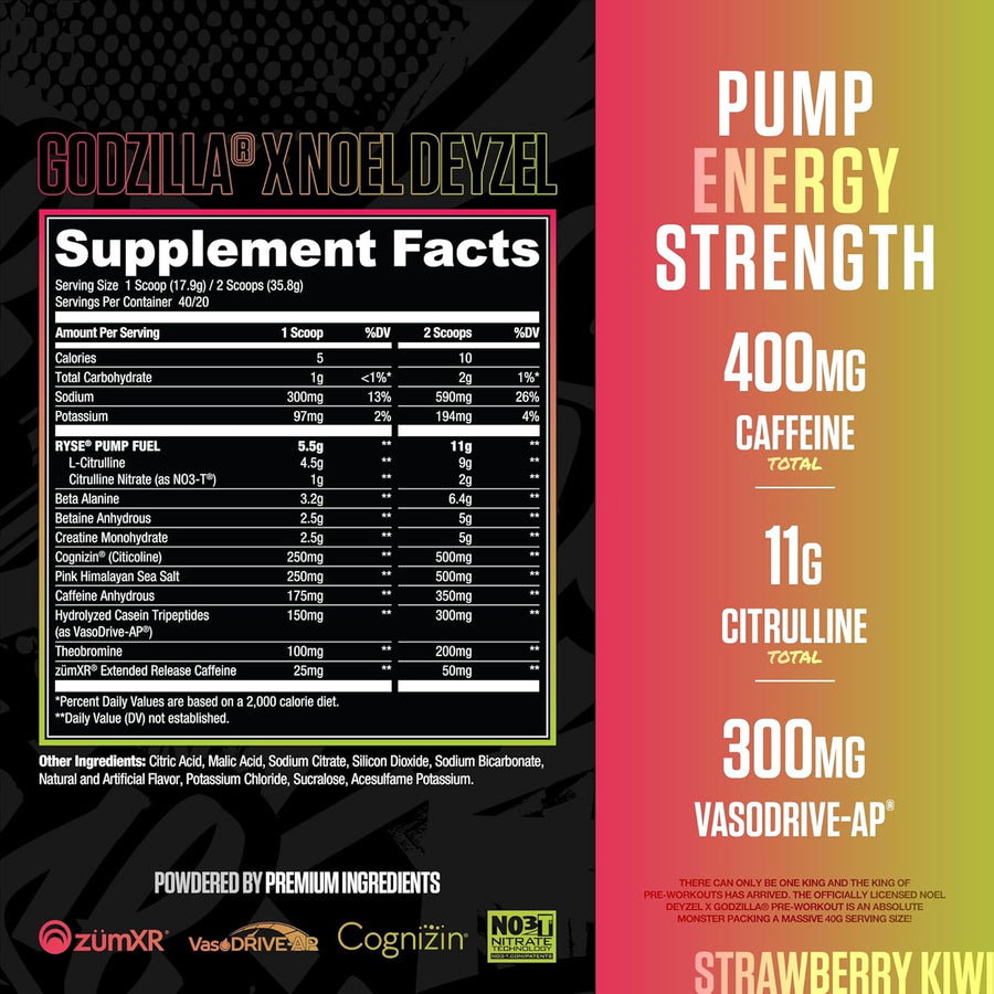Supplement facts label and promotional text for a supplement product on a black and red background.
