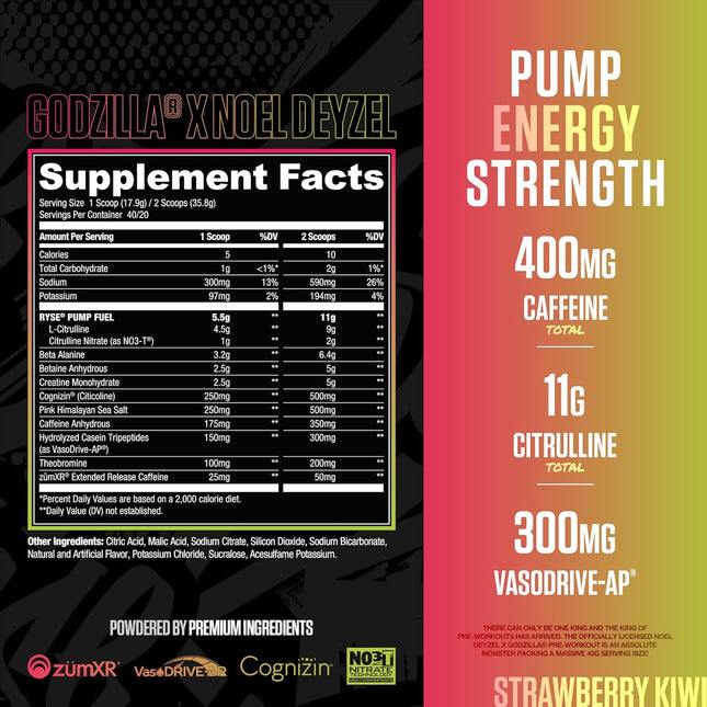 Supplement facts label and promotional text for a supplement product on a black and red background.