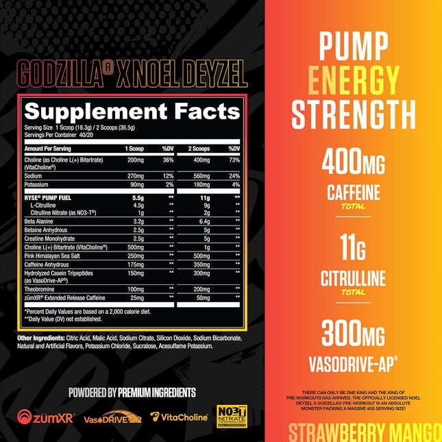 Supplement facts label and pump energy strength details for a product by ZumXR, VitaCholine, and Nox Intense.