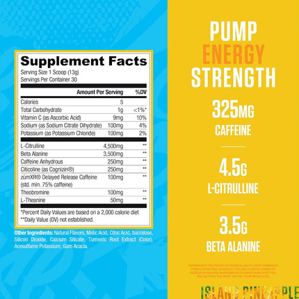 Supplement facts label with pump energy strength details on a blue and yellow background