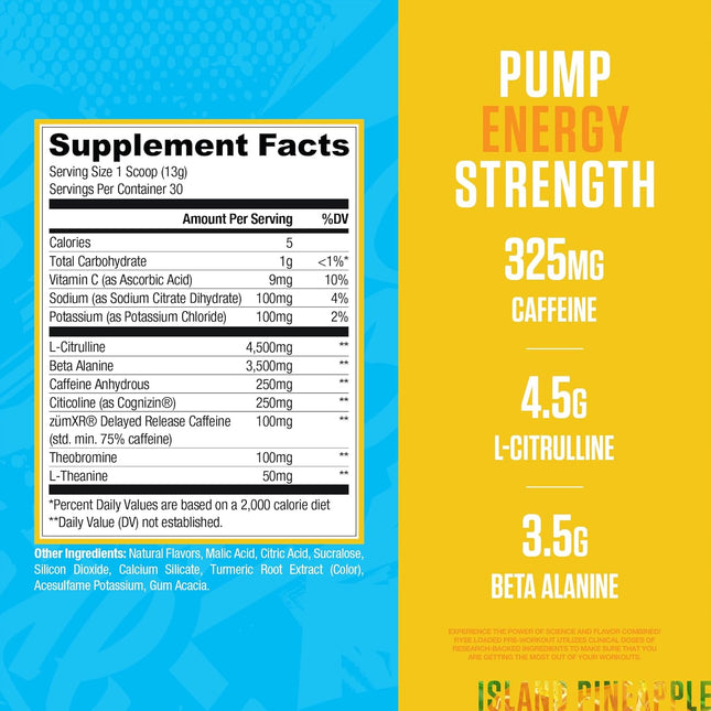 Supplement facts label with pump energy strength details on a blue and yellow background