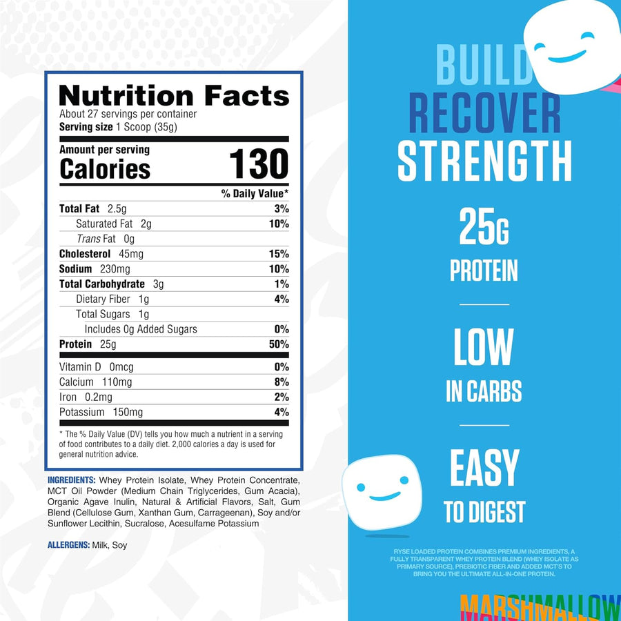 Nutrition label and promotional text for a protein product on a white background