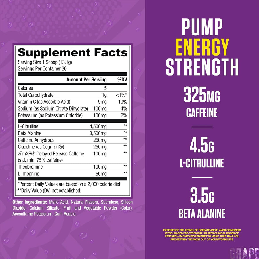 Supplement label with pump, energy, and strength ingredients on a purple background
