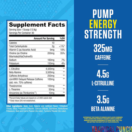 Supplement label with caffeine, L-Citrulline, and Beta Alanine on a blue background