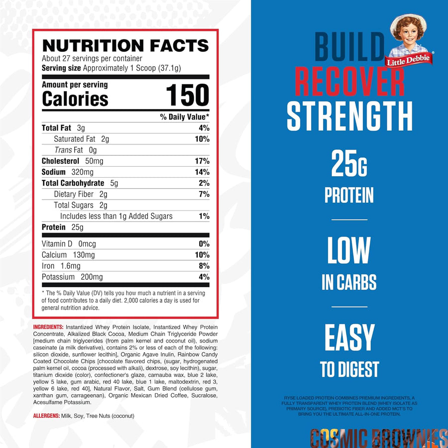 Nutrition label and promotional text for Cosmic Brownies protein product on a white and blue background.