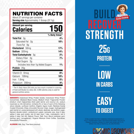 Nutrition label and promotional text for Cosmic Brownies protein product on a white and blue background.