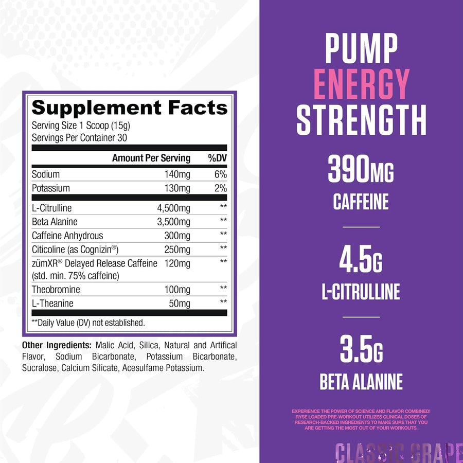 Supplement label with ingredients and nutritional information on a purple and white background
