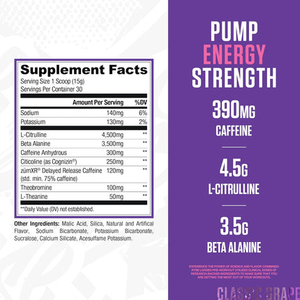Supplement label with ingredients and nutritional information on a purple and white background