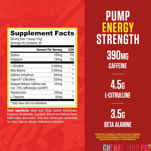 Supplement label with ingredients and nutritional information on a red background