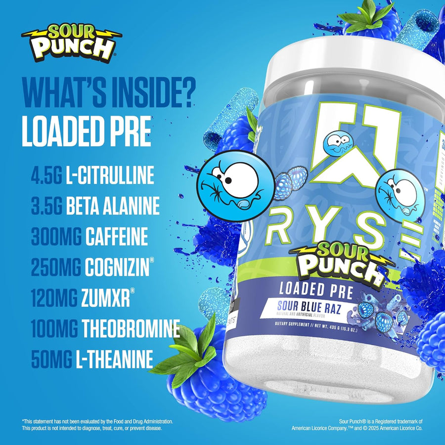 Ryseloaded Pre supplement container with blue and green design on a blue background, featuring Sour Punch branding.