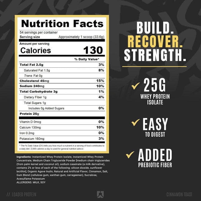 Nutrition facts label for a protein product with promotional text on a dark background