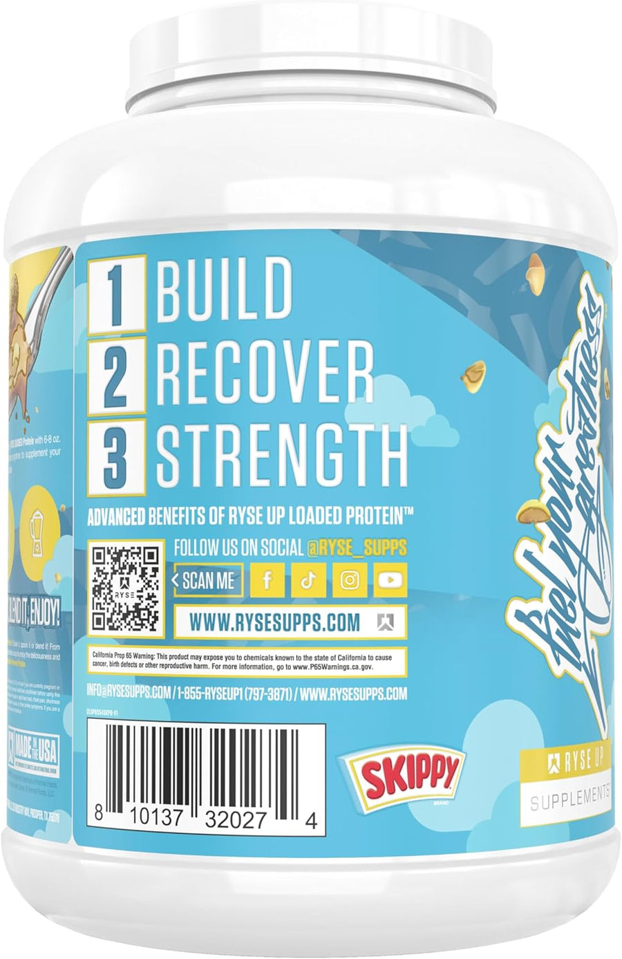 Protein powder container with blue label and Skippy branding