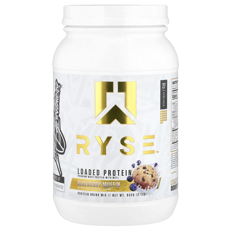 Ryse Loaded Protein container with blueberry muffin flavor on a white background