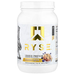 Ryse Loaded Protein container with blueberry muffin flavor on a white background