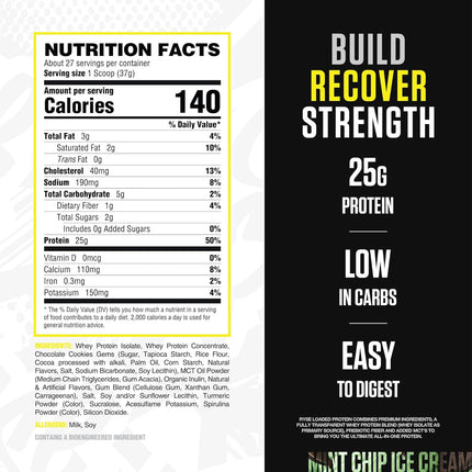 Nutrition facts label and promotional text for a protein product on a white and black background.