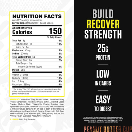 Nutrition label and promotional text for a protein product on a white and black background