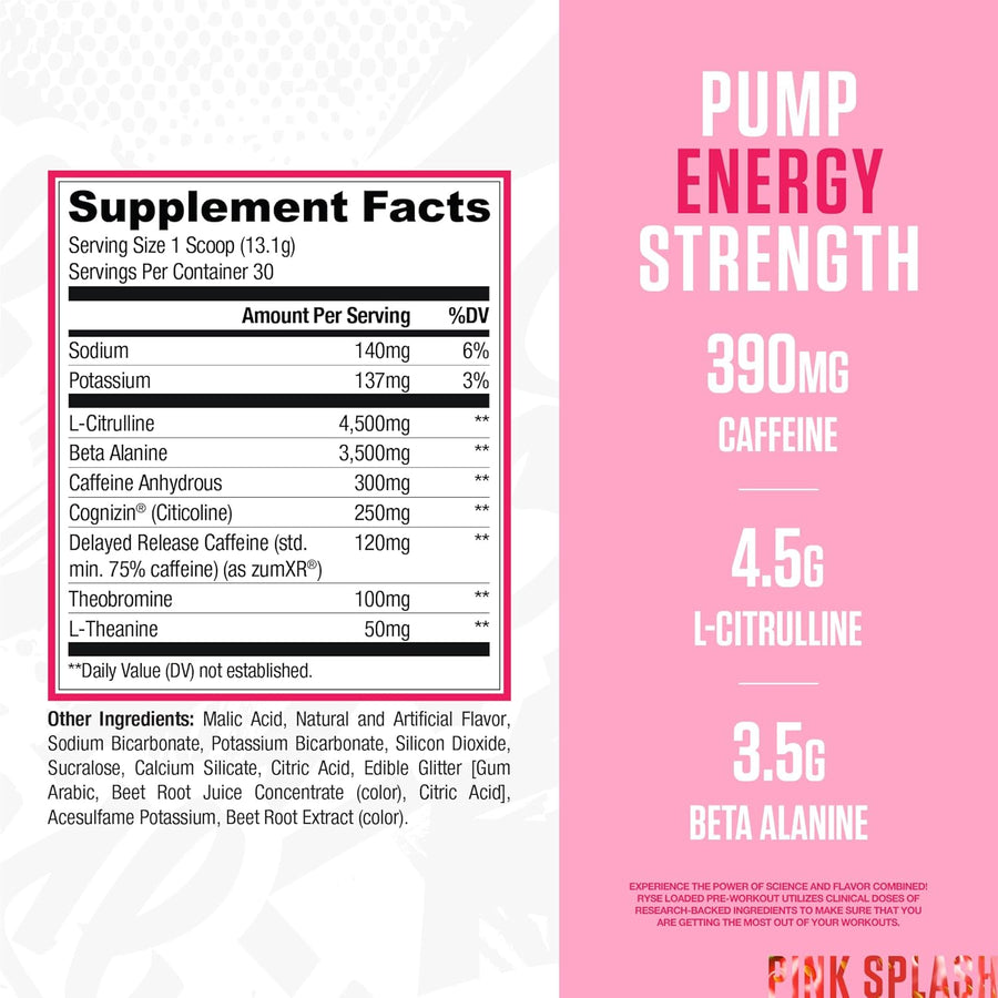 Supplement label with caffeine and amino acid content on a pink and white background