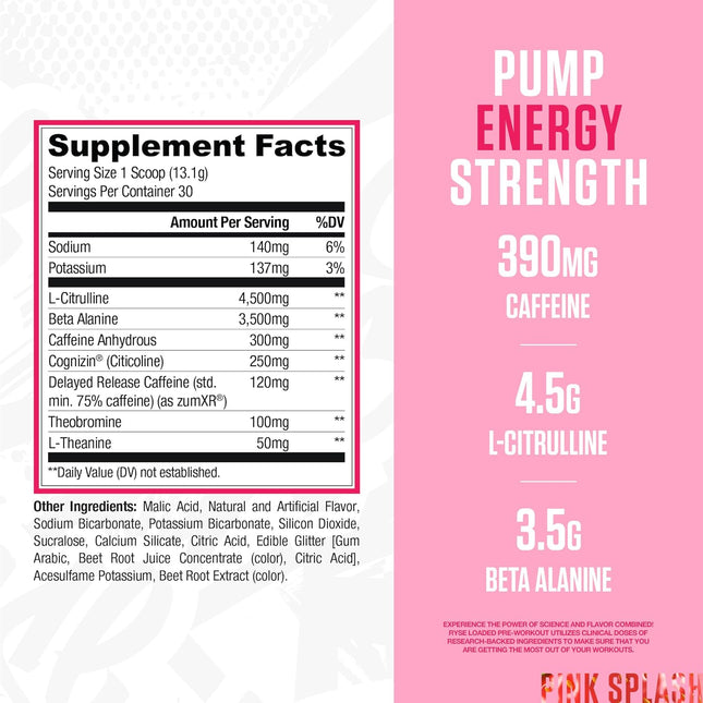 Supplement label with caffeine and amino acid content on a pink and white background