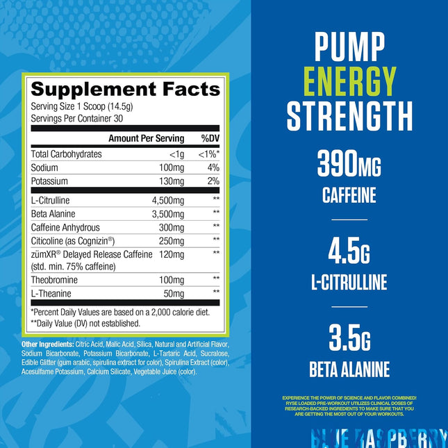 Supplement label with caffeine and amino acid content on a blue background