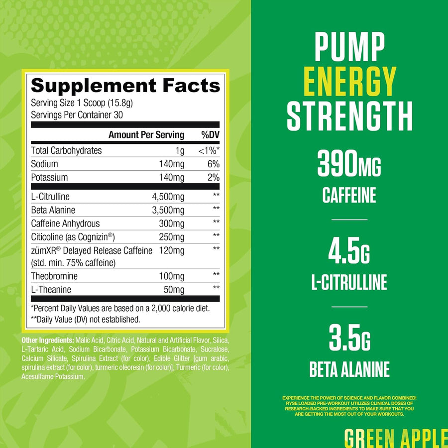 Supplement label with ingredients and nutritional information on a green background