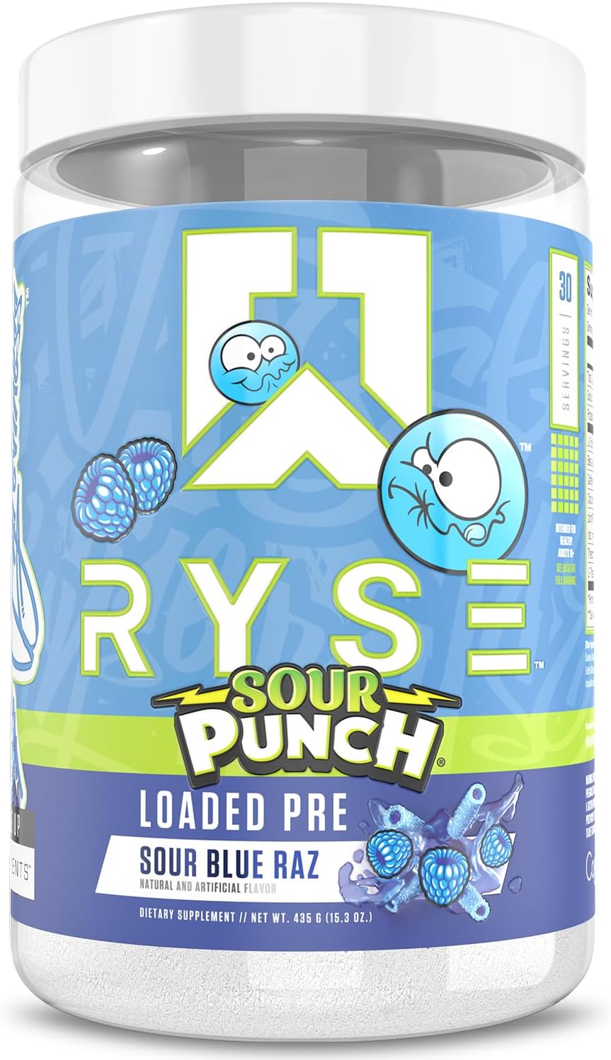 Pre-workout supplement container labeled 'RYS' with 'Sour Punch' flavor on a white background