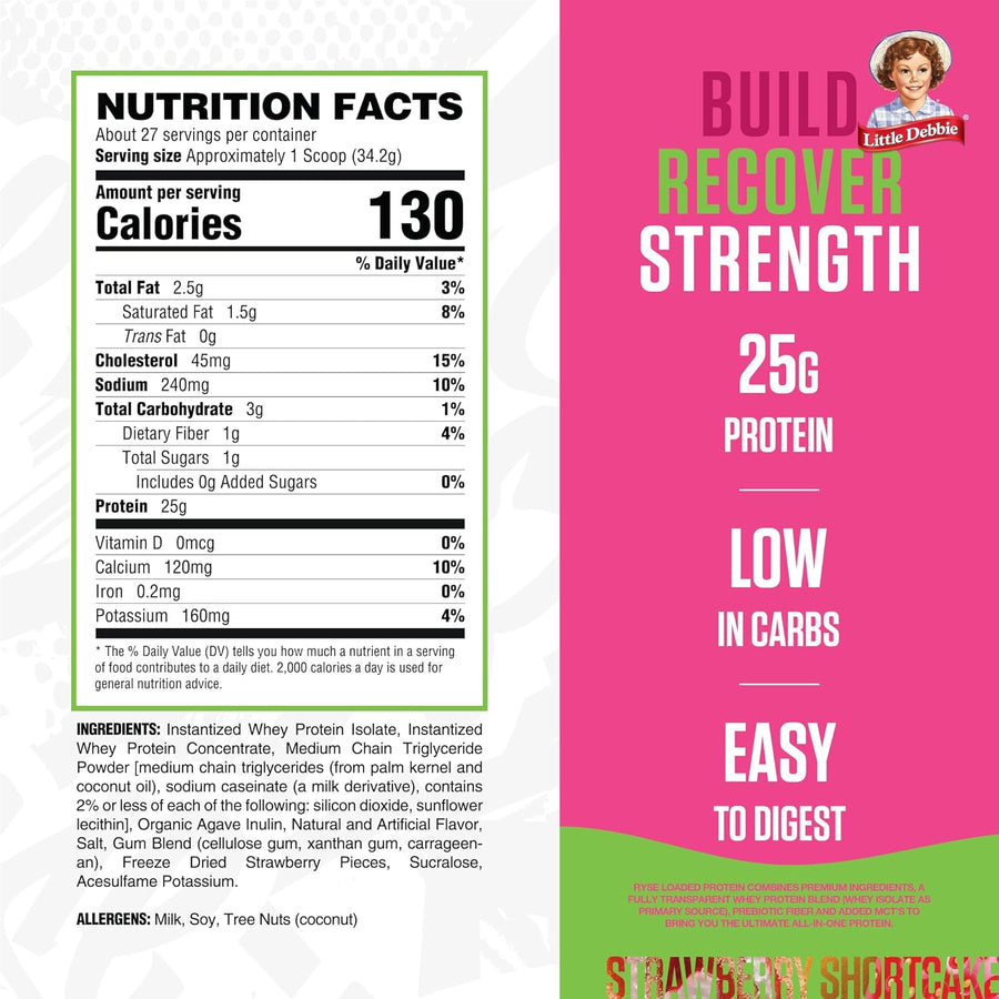 Nutrition label and promotional text for a protein product on a white and pink background.