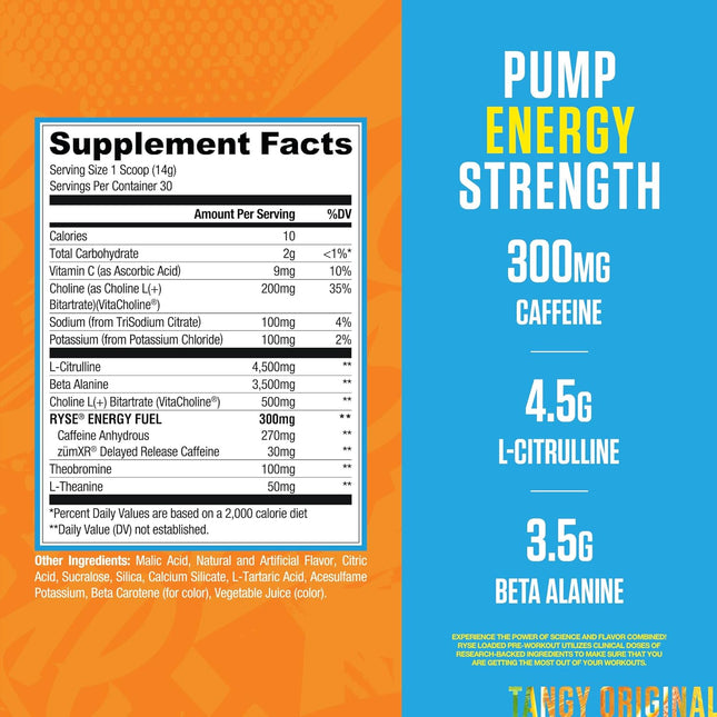 Supplement facts label with caffeine, L-citrulline, and beta alanine on an orange and blue background.