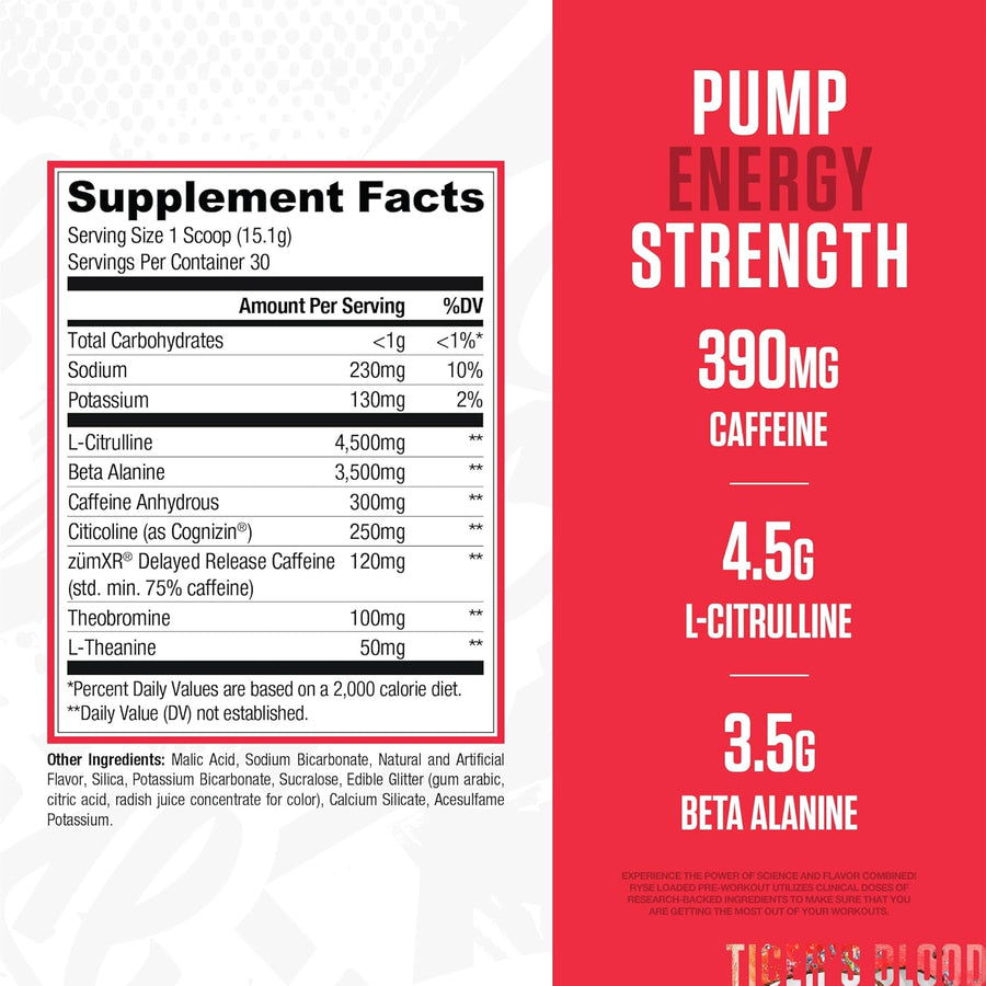 Supplement label with caffeine, L-Citrulline, and Beta Alanine content on a red and white background.