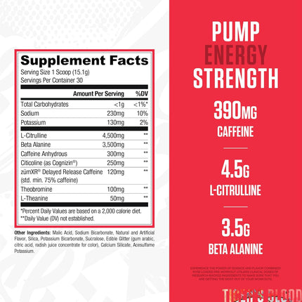 Supplement label with caffeine, L-Citrulline, and Beta Alanine content on a red and white background.